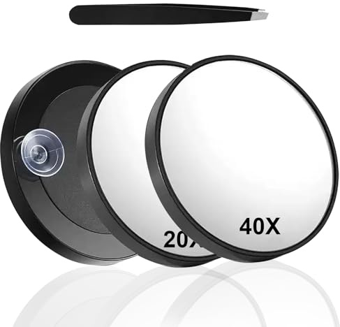 2PCS 40x & 20x Magnifying Mirror with Suction Cups and 1PCS Tweezer Set, Travel Magnifying Mirror for Makeup, Cosmetic Mirroring with Strong Magnification for Precise Makeup and Eyebrow Plucking 9 cm