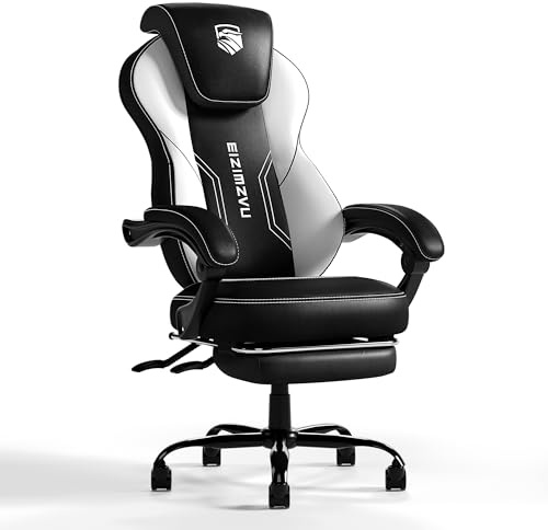 EIZIMZVU Silla Ergonómica con Reposapiés y Reposacabezas, Silla Grande para Adultos con Soporte Lumbar, Silla Giratoria de PU para Oficina en Casa y Setup de Gaming (Blanco)