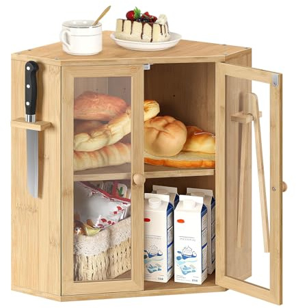 ETELI Corner Bread Box for Kitchen Countertop Double Layer Bamboo Bread Storage Container with Tong and Knife Vintage Bread Bin for Cans Snacks Fruits