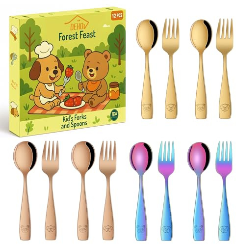 Colorful Kid's Spoons and Forks Set of 12, Stainless Steel Toddler Eating Utensils Set, Metal Children Small Cutlery Sets