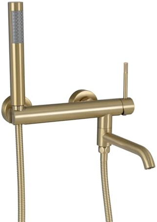 PHASAT Grifo de bañera con ducha de mano, Mezclador de bañera para caño giratorio de 90°, Grifo de pared monomando de ducha, Oro cepillado PTBG26E