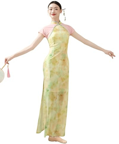 ROYAL SMEELA Women's Chinese Qipao Dress with Mandarin Collar & Short Sleeves, Yellow and Pink Color-Block Long Cheongsam