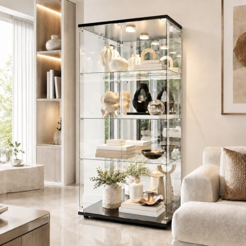 Vitrina de cristal con LED, vitrina de coleccionista de pie con 2 puertas de cristal con cerradura y 4 estantes, vitrina transparente, para salón, oficina, coleccionables, libros, vino (negro)