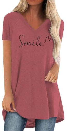T-shirt damer v-ringad lång skjorta kortärmad oversize t-shirt tunika enfärgad baströja lång blus toppar italienskt mode lång tröja lång blus damer avslappnad, Vattenmelonsröd, XL