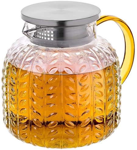 KADAX Tekanna 1,3 liter av borosilikatglas, värmebeständig glaskanna med lock i rostfritt stål och integrerad sil, glastekanna, vattenkaraff av glas, glaskaraff