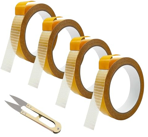 Vordpe 4 rollos de cinta adhesiva para dobladillos, de doble cara, transparente, de doble cara, con tijeras, extraíble, sin residuos, para alfombras, pantalones, cortinas (1 cm x 10 m)