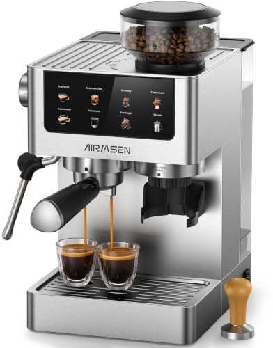 AIRMSEN 20 Bar Cafetera de Café Espresso con Molinillo Cónico y Vaporizador de Leche, Programable, Pantalla Táctil, Fabricada en Acero Inoxidable, 1.8L - Café Cold Brew y Americano, Espresso y Leche