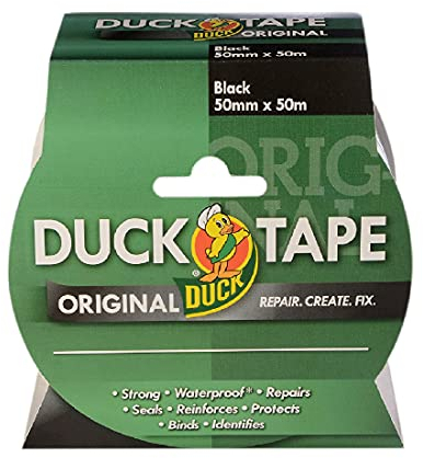 Duck Tape Original Black, 50mm x 50m. The original high strength waterproof gaffer and duct adhesive cloth repair tape