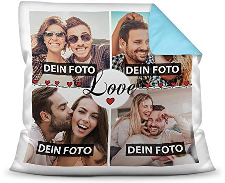 PR Print Royal Kissen mit Füllung - Fotocollage selbst gestalten mit Spruch - Love - mit Vier eigenen Fotos - Geschenkidee Fotokissen - Farbkissen Rückseite Hellblau