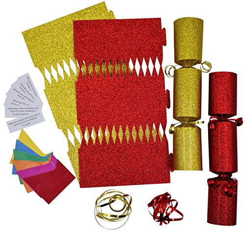 evelay 12 Make Your Own Christmas Cracker kit Crackers Hats Snaps Red Gold Green Blue Pink White Silver Glitter Crackers (Red & Gold Glitter)