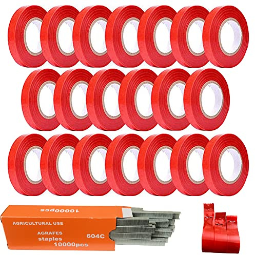 Cayway 21 Pack Pince à Lier Branche Machine À Taper Nouer Branches, 20 PCS Rubans de Pépinière, 1 Boîte Agrafes pour Raisins, Tomates Vignes