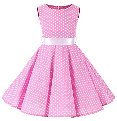 IWEMEK Robe Cérémonie Vintage Fille Enfant Rockabilly Année 50/60 Retro à Pois Polka Dot Imprimé Floral Pin Up de Soirée Fête Cocktail Noël Mariage A-Ligne Midi Rose 5-6 Ans