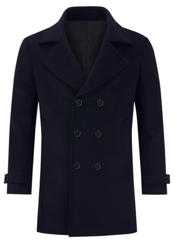 Allthemen Mens Wool Winter Coat Double-Breasted Trench Overcoat Mid Length Warm Coat Regular Fit Casual Coat Jacket #23188 Navy XXL