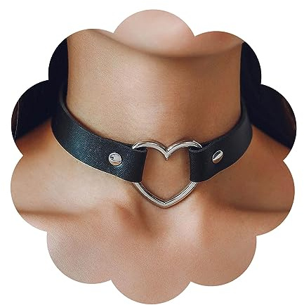 Yienate Collier Ras Du Cou Gothique en Cuir Noir Pendentif Coeur Argenté avec Chaîne Vintage, Velours Punk Emo Rock - Bijoux Cadeau Pour Femmes