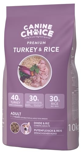 Canine Choice Premium hundtorrfoder för vuxna hundar – kalkon och ris 10 kg | 40 % färsk kalkon, 30 % ris, allergivänligt naturgranulat | högt protein, mild matsmältning