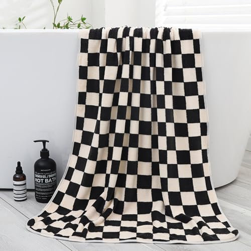 Lkw Ogechi 70x140CM Soft Coral Velvet Bath Towels, Black and White Checkerboard Bathroom Towels, Quick Dry Highly Absorbent Microfiber Bath Sheets, Super Fluffy Towel for Travel, Vacation, Daily Use