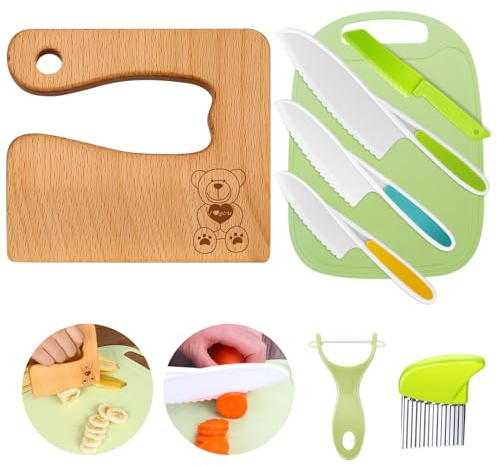 Kindermesser 8-teiliges Kinder-Küchenmesser-Set zum Schneiden und Kochen von Obst oder Gemüse für Kleinkinder, inklusive Holzmesser Schneidebrett Schäler(Love Bear)