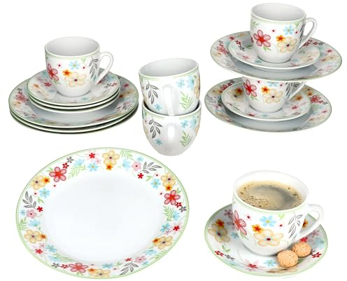 MamboCat Variant Blümchen Service à café 18 pièces I Service à café en porcelaine colorée pour 6 personnes I 6 tasses à café de 200 ml, soucoupes et assiettes à gâteau I Vaisselle colorée pour petit
