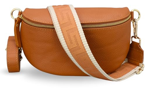 ADEL Bauchtasche Damen Echtleder Emma Gold Handgemachte Umhängetasche Crossbody Bag mit Optionalen Breiten Gemusterten Riemen Stylische Hüfttasche Made in Italy (Cognac Braun-Gold 5, Small)
