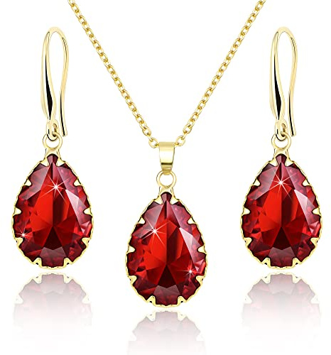 Linawe Ruby Crystal Wedding Jewellery Sets for Women, Garnet Imitation Diamond Pendant Necklace Set, Gold Drop Dangle Red Earring Set, Boho Teardrop Rhinestone Birthstone Jewellery Set
