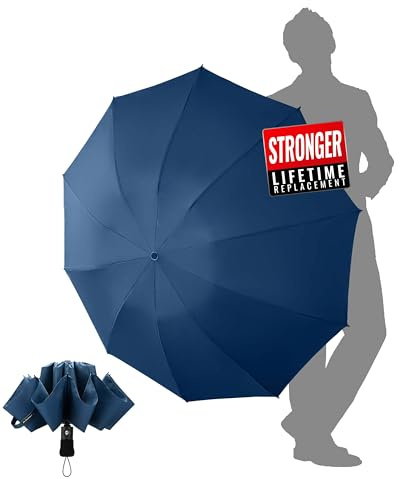 Chakipee Kompakter Reise Regenschirm Groß Sturmfest – Umgekehrter Faltschirm für Herren und Damen, Automatik Taschenschirm für Regen, 10 Rippen Schirm Blau 210T-Gewebe 105 cm Spannweite