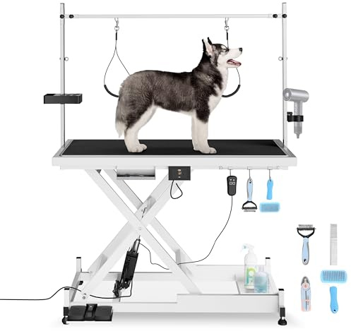 Electric Lift Pet Dog Grooming Table, Upgrade 50 Inch Heavy Duty 9'' -36'' Adjustable Height Professional Pet Grooming Table with Tool Organizer, Adjustable Overhead Arm for Large Dogs at Home, White