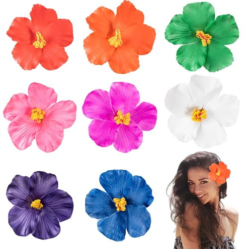 Lot de 8 barrettes à cheveux en forme de fleur hawaïenne pour femme - Plumeria - Hibiscus - Style bohème - Fleurs tropicales - Décoration de cheveux - Pour mariage, vacances, fête à la plage