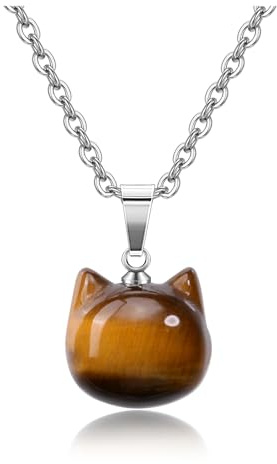 Jovivi Collier Pendentif Chat Pierre Naturelle avec Chaîne Acier Inoxydable Pierre Energétique Femme Fille Amitié Cadeau Fête de Mère Anniversaire (oeil de tigre)
