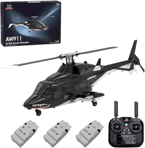 ToyGhillied Air-wolf Elicottero RC AW-911, scala 1/34, 2,4 G, 9 CH Flybarless, modalità cascata 6G/3D, 3 batterie, GPS