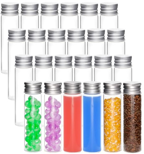 Acetiti 24 Stück 20ml Reagenzgläser mit Schraubverschluss, kleine Transparent Reagenzglas Glasflasche Glas Flachem Boden Flüssigkeitsprobe Fläschchen für Süßigkeiten Badesalz Perlen Laborröhrchen