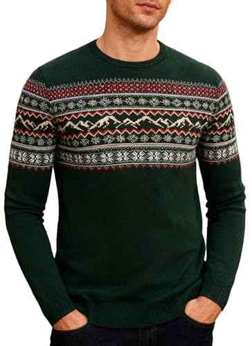 Fanient Pull en Maille Fine,Sweat-Shirt Rétro en Jacquard,Gris-Vert,Manches Longues,Taille M