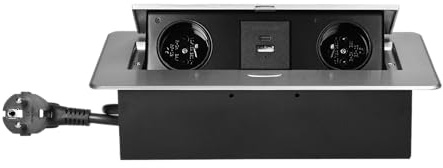 Miratic Bloc Prise Encastrable Plan de Travail 2 x P+T max. 3680 W Prise USB Encastrable avec 2 Ports A+C 2,1A et Câble 1,5 m Bord Fraisé Fin (argent)
