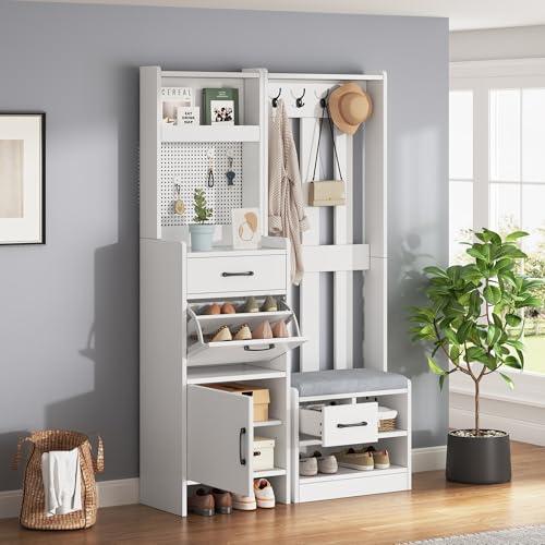 Oslghy Garderobenset Wandgarderobe, Weiß Garderoben Set mit Polster Schuhbank, Garderobenständer mit 7 Kleiderhaken und 2 Schubladen, Modern Flurgarderobe mit Perforierte Wandfläche, 110x35x175.5cm