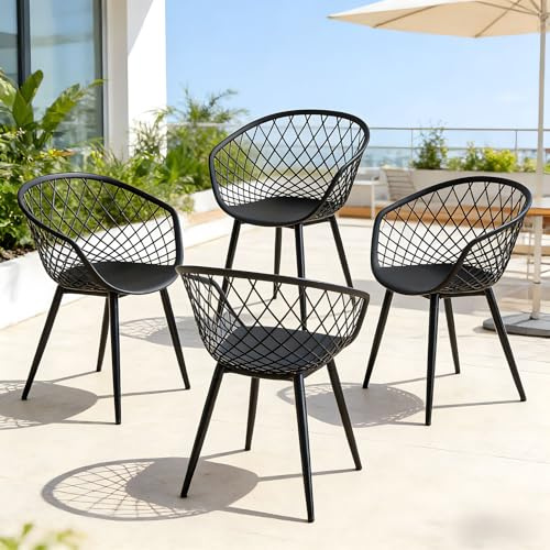 GOKHOMX Juego de 4 sillas de jardín – Sillones de exterior resistentes a la intemperie, color negro de plástico con reposabrazos, sillas de balcón para terraza, comedor y salón