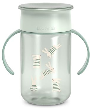 Suavinex, Vaso Aprendizaje Bebé, Taza 360 con Sistema Antiderrame y Antigoteo, Magic Cup con Asas y Tapa, Apto Lavavajillas y Microondas, 340 ml, Taza Entrenamiento para Bebés +12 Meses, Verde