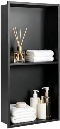 Dwlhap Shower Niche Wall Insert 600 x 300 x 100 mm, Stainless Steel Double Shelf Recessed Wall Niche Built-in Storage Shelf, Waterproof Rustproof Bathroom Storage Black