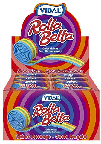 Vidal Golosinas. Rolla Belta Multicolor. Cintas de regaliz enrollado envuelto individualmente. Sabor fresa pica. Estuche de 24 unidades.