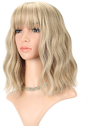 FAELBATY Parrucche bionde ondulate sciolte con frangia Parrucche corte corte Parrucche lunghe fino alle spalle per le donne Parrucche sintetiche per cosplay Parrucche per costumi (12 Mix biondo)