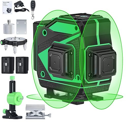 Niveau laser, Kraumi 12 Linges Laser Autonivelant 3 X 360° ligne transversale horizontale et verticale ligne de faisceau laser vert 30M et avec Support(Inclus 2 Piles)