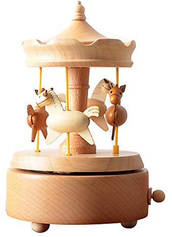 LILYXIN Carousel Music Box, Handmade Wooden Merry-Go-Round Horse Musical Box Turn Horse Shaped Wood Crafts Birthday Home Decor (Wood)