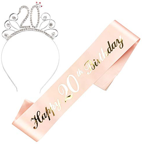 JKJF Écharpe Happy 20e Anniversaire Cristal Tiare Strass Couronne Serre-tête Rose Or 2 Pièces M, Métal