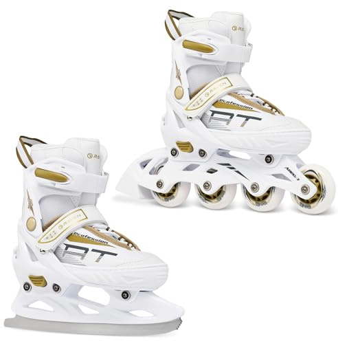 RAVEN Profession Pattini in linea Inline Skates per bambini e adulti OPZIONALE 2in1 con Pattini da ghiaccio regolabili (White/Gold con pattini di figura, 35-39 (23cm-25,5cm))