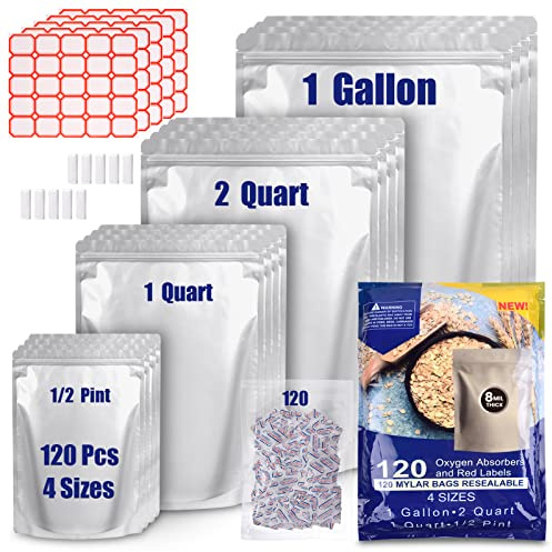 120 Mylar Bags for Food Storage with Oxygen Absorbers 300cc, 8 Mil 1Gallon 10x14, 7.5x11.5, 6x9, 4.3x6.3 Stand-Up Zipper Resealable Bags & Heat Sealable Food Storage Bags + Labels