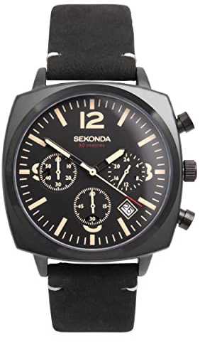Sekonda Airborne Mens 40mm Quartz Watch in Black with Chronograph Date Display, and Black Suede Leather Strap 1991