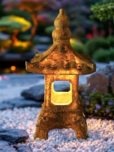 Arnusa Solarleuchte Pagode Laterne Solarlampe Japanische Leuchte 34 cm Gartenlaterne Gartendeko Polyresin
