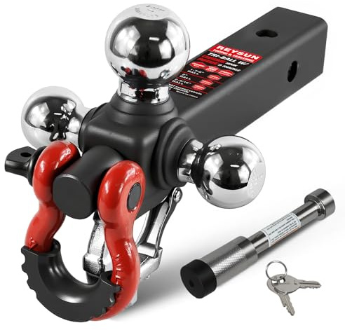 REYSUN Trailer Hitch Tri-Ball Mount: with Swivel Tow Shackle and Tow Hook, fits for 2-inch Receiver, Chrome Trailer Ball Size 1-7/8, 2 and 2-5/16 and 5/8 Hitch Lock Pin