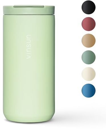 Vinsun Thermobecher Kaffee to go 380ml - Edelstahl, auslaufsicher, doppelwandig isoliert - Heiß & Kaltgetränke - grüner Kaffeebecher mit Deckel für Urlaub, Auto, Büro