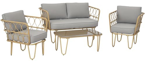 Outsunny Conjunto de Jardín de Ratán Sintético Juego de 4 Piezas Muebles de Jardín con Sofá de 2 Plazas 2 Sillones y Mesa de Centro con Encimera de Cristal y Cojines Extraíbles Natural y Gris