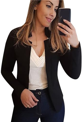 ZICUE Léger Et Extensible À Manches Longues pour Femmes Blazer Court Décontracté Et Ouvert sur Le Devant Blazer Court d'affaires De Couleur Unie Noir XL