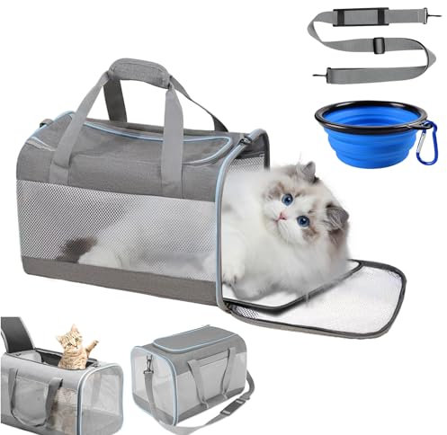 KunpengZen Transportbox Katze, Atmungsaktiv Hundebox Faltbar Mit Einstellbar Schultergurt, Katzentransportbox Mit Abnehmbarem Plüschpad, Cat Carrier Für Bis 7.5kg Camping Auto Reisen Tierarztbesuch